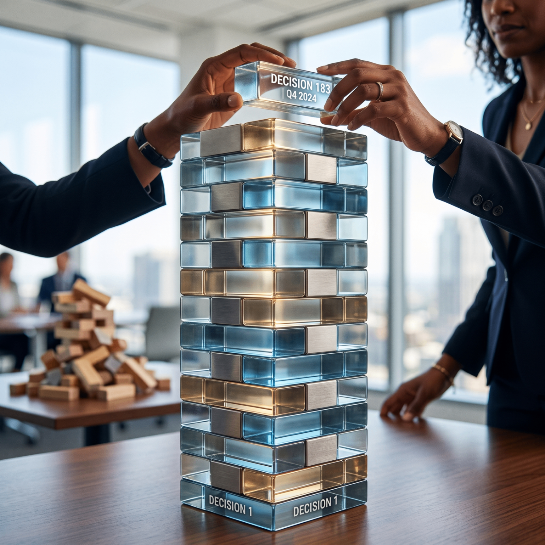 Stacked decision blocks representing the compounding weight of leadership decisions